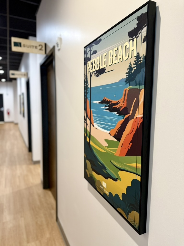 Pebble Beach print in an Another Nine corridor